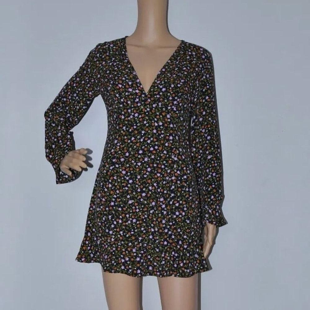 Zara Floral Print Long Sleeve Mini Dress Black Small